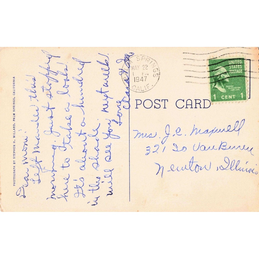 Vintage 1947 Palm Springs California Lazy Person Correspondence Linen Postcard - Picture 2 of 2